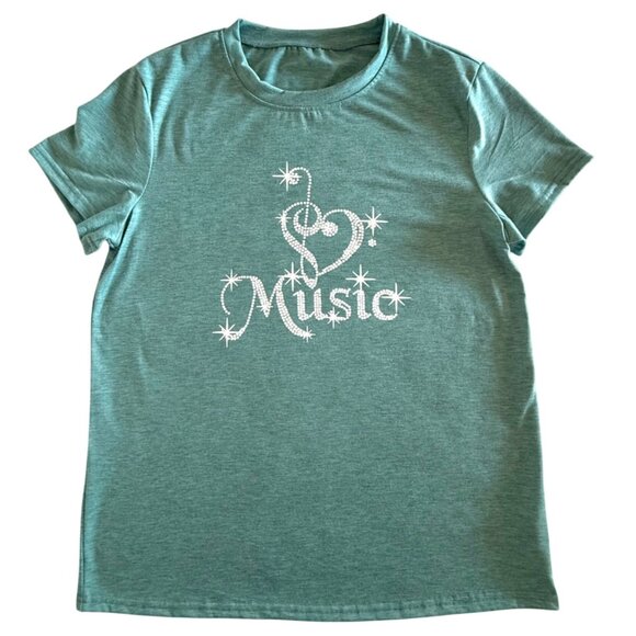 Treble Clef Heart Music Tee Size M Heathered Teal Graphic Shirt Singer Style - Picture 4 of 10